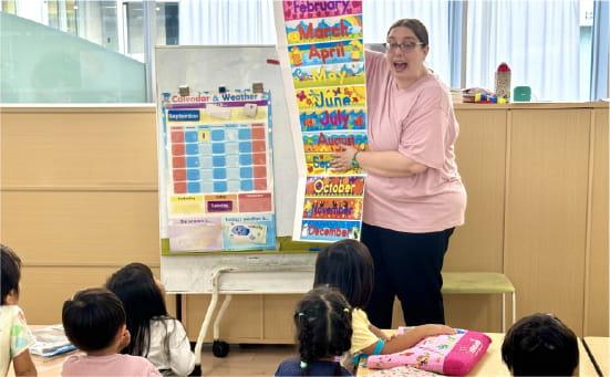 女性の外国人教師が子供達に教えている様子